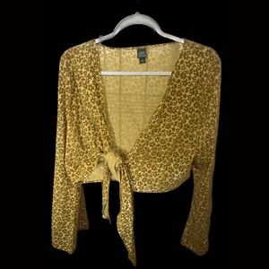 Mustard yellow tie-wrap shoulder shrug with velvet details